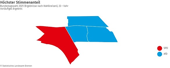 Bundestagswahl am 23.02.2025: höchste Stimmanteile in den Ortsteilen des Stadtteils Vahr